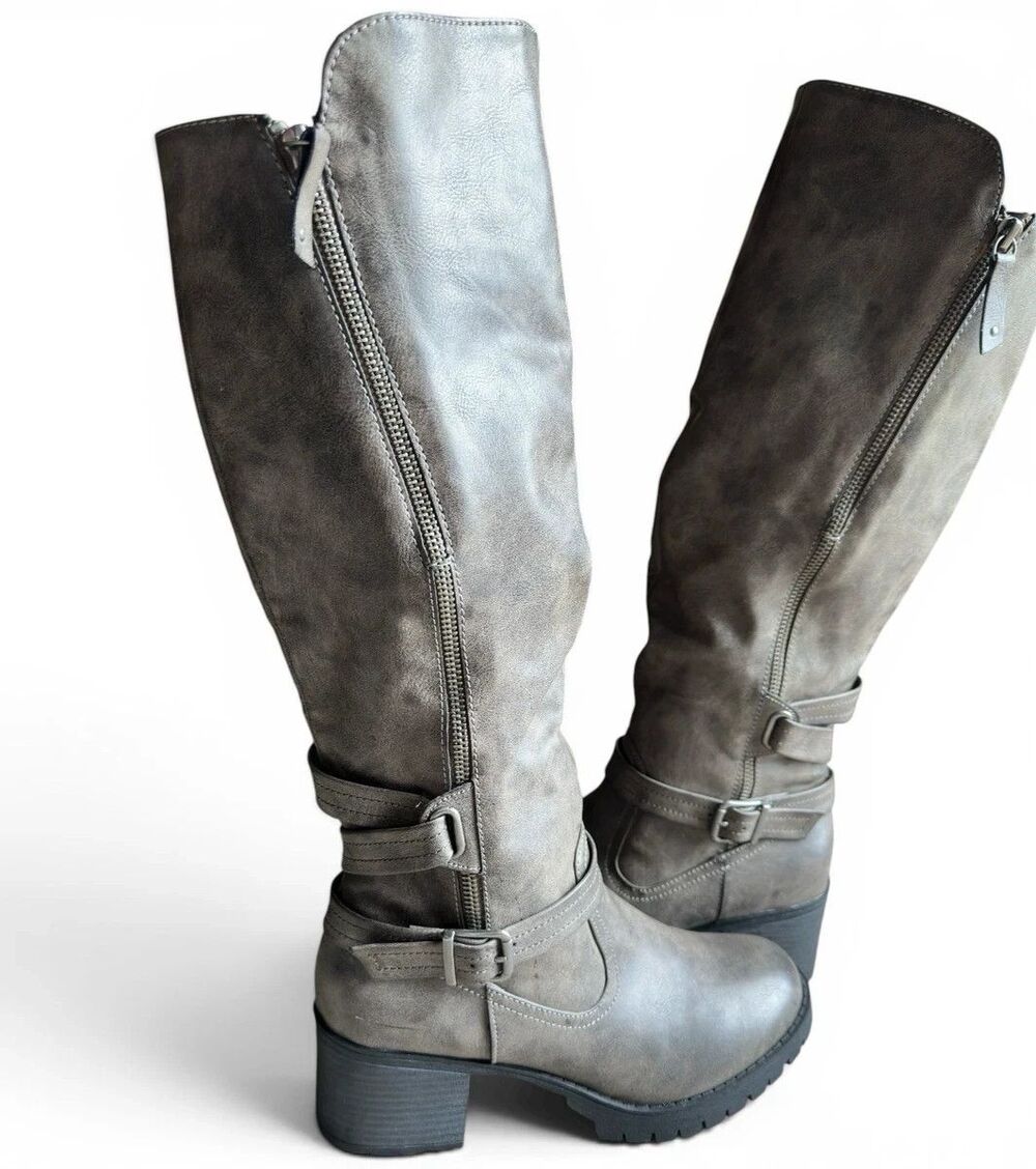 Jellypop Drift Tall Knee high Boots Women 8 Grey Buckle Side Zip Moto Riding